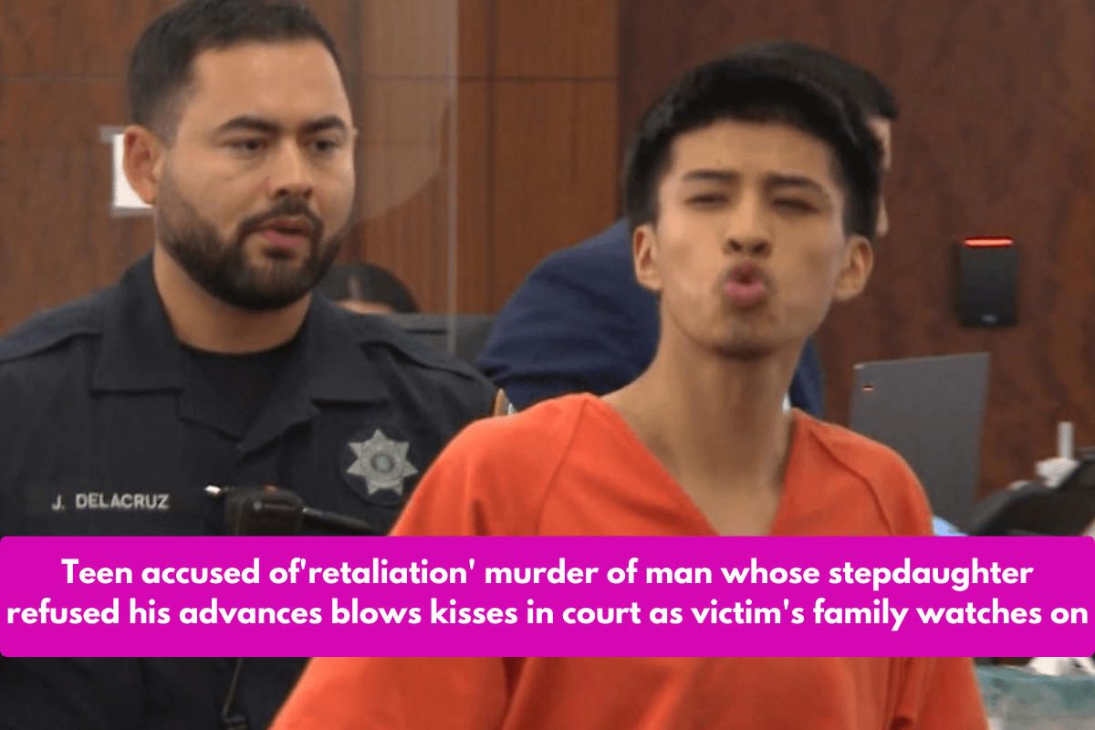 Teen accused of'retaliation' murder of man whose stepdaughter refused his advances blows kisses in court as victim's family watches on