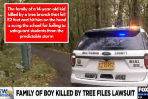 The family of a 14-year-old kid killed by a tree branch that fell 52 feet and hit him on the head is suing the school for failing to safeguard students from the predictable storm