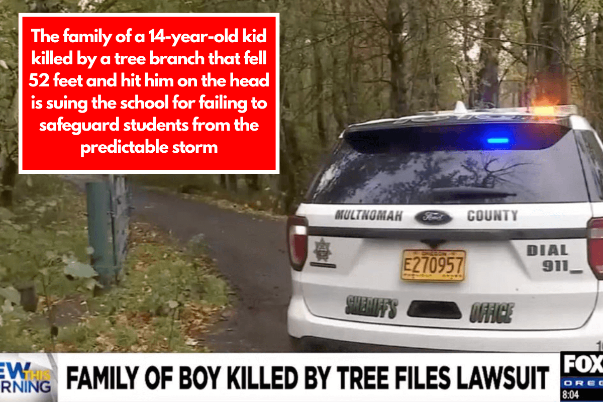 The family of a 14-year-old kid killed by a tree branch that fell 52 feet and hit him on the head is suing the school for failing to safeguard students from the predictable storm