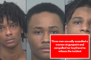 Three men sexually assaulted a woman at gunpoint and compelled her boyfriend to witness the incident