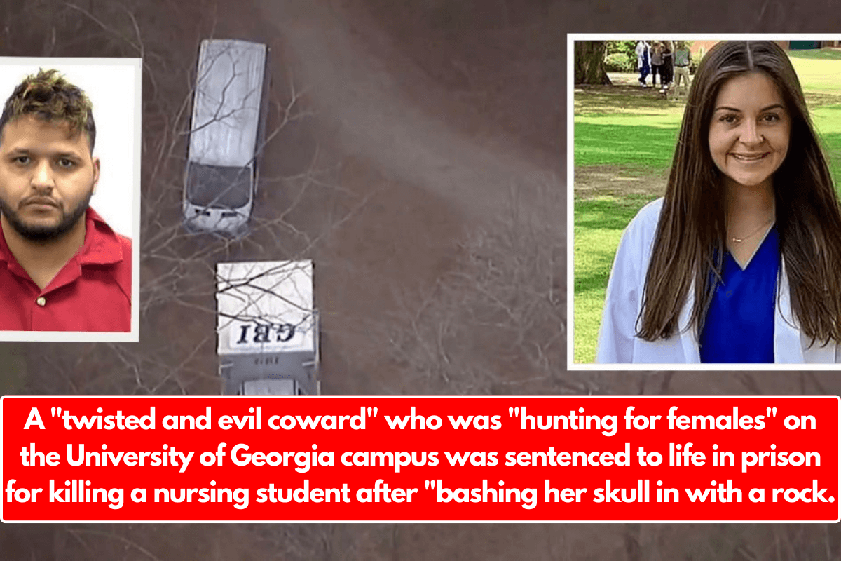 A "twisted and evil coward" who was "hunting for females" on the University of Georgia campus was sentenced to life in prison for killing a nursing student after "bashing her skull in with a rock.