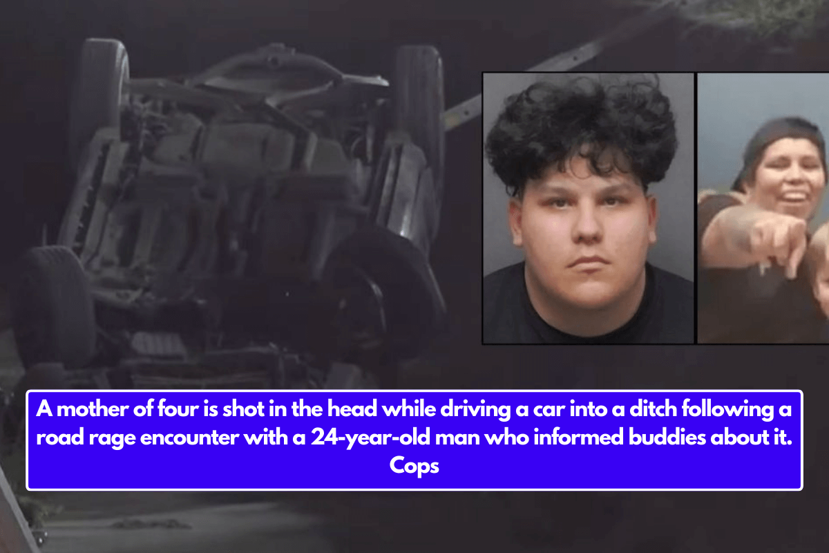 A mother of four is shot in the head while driving a car into a ditch following a road rage encounter with a 24-year-old man who informed buddies about it. Cops