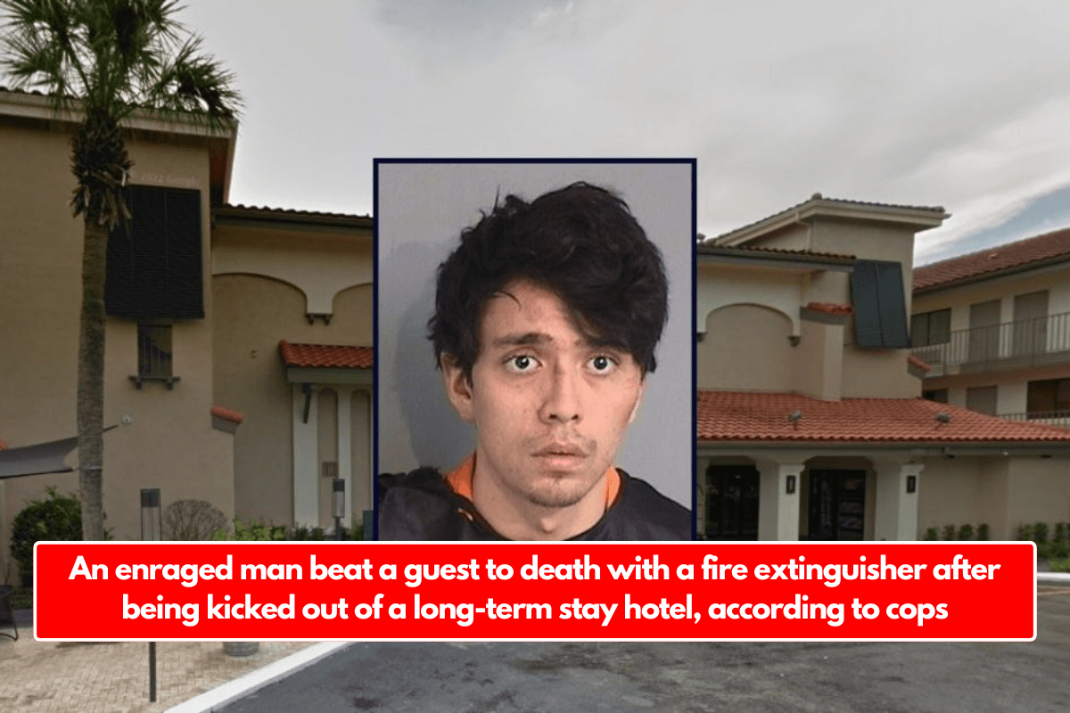 An enraged man beat a guest to death with a fire extinguisher after being kicked out of a long-term stay hotel, according to cops