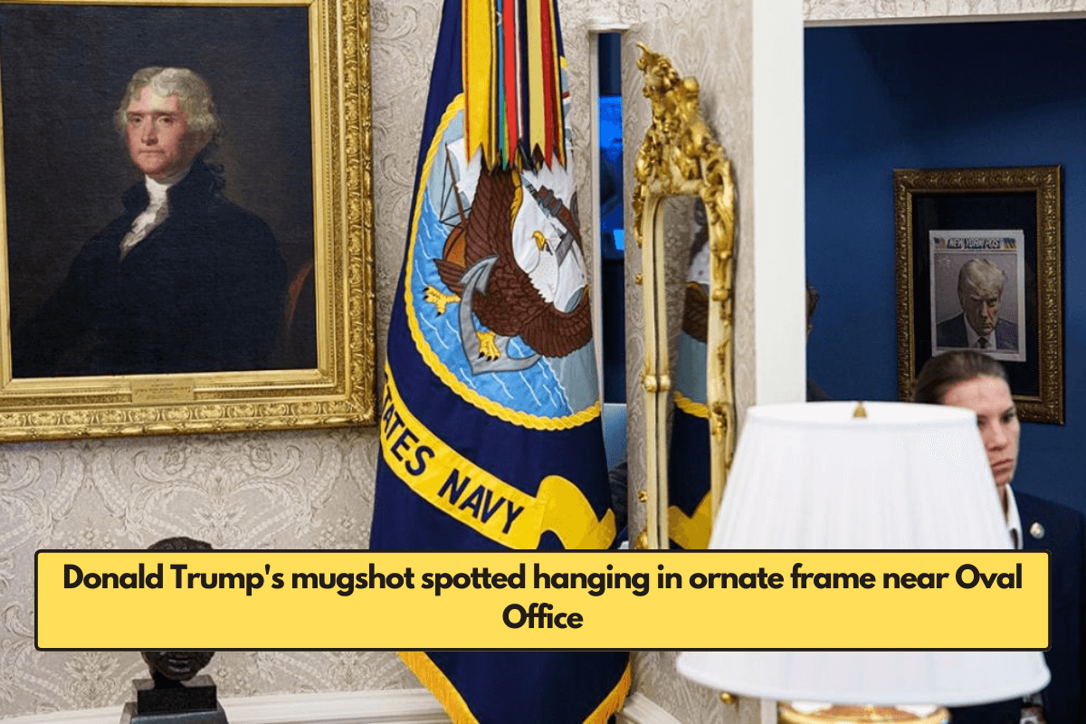 Donald Trump's mugshot spotted hanging in ornate frame near Oval Office