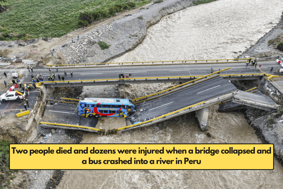 Two people died and dozens were injured when a bridge collapsed and a bus crashed into a river in Peru